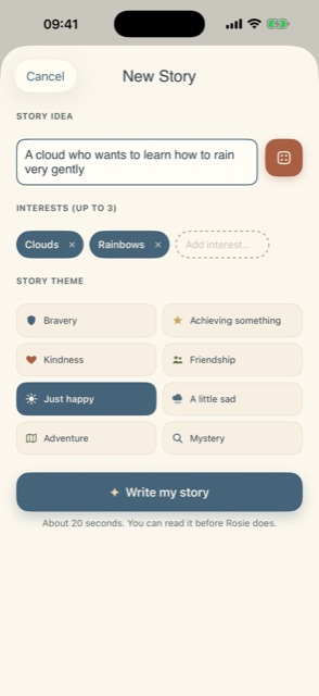 New Story screen with a story idea, interests like Clouds and Rainbows, and a story theme grid