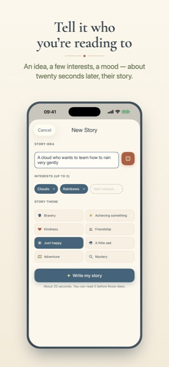 Story builder screen: a story idea, up to three interests, and a story theme grid including Bravery, Kindness, Friendship and Adventure