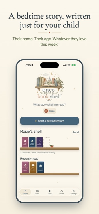 OnceUponaBookshelf home screen showing a shelf of a child's saved stories and a Start a new adventure button