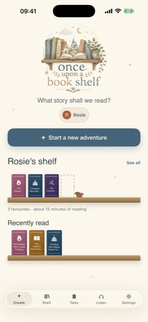 OnceUponaBookshelf home screen with a child's shelf of saved stories
